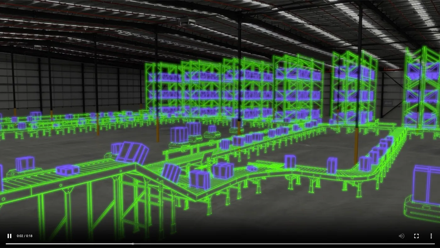 A green and purple wireframe rendering of a warehouse conveyor and racking system
